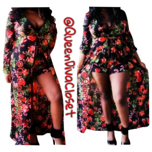 Dresses & Skirts - Black red chiffon floral hi lo romper maxi dress L
